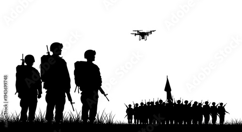 Silhouette Soldiers Watch Drone Overhead, Military Surveillance Technology Concept