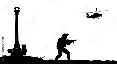 Silhouette Soldier with Rifle and Artillery Gun, Helicopter Flying Overhead