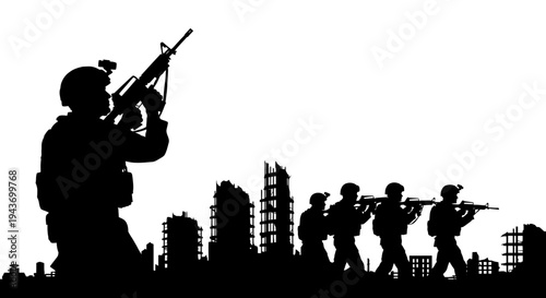 Silhouette Soldiers Advancing Through Ruined Cityscape