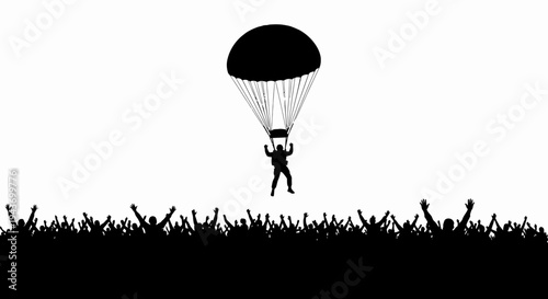 Skydiver Parachuting Above Cheering Crowd Silhouette