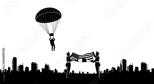 Skydiver with American Flag Descends Over Cityscape with Soldiers Holding Flag