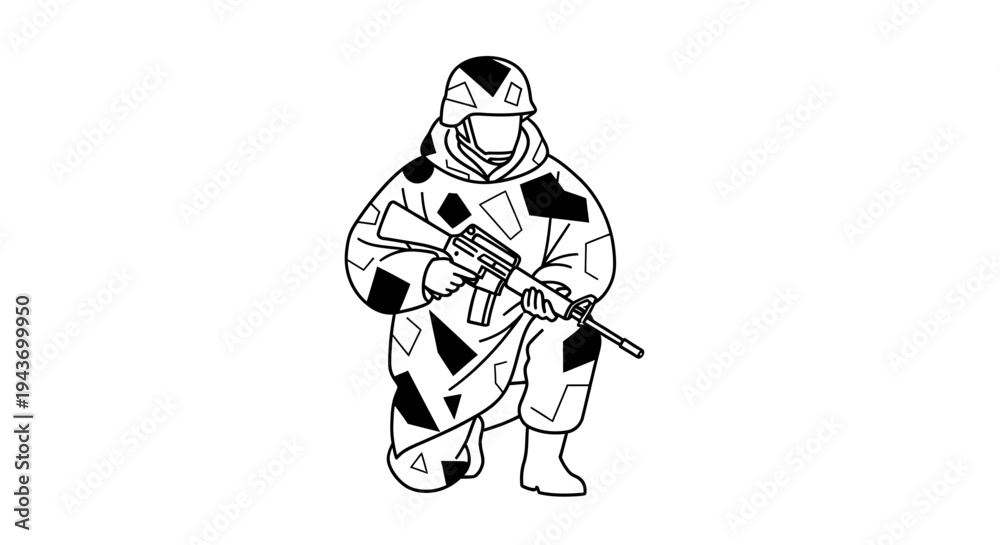 Obraz premium Soldier in Camouflage Uniform Kneeling with Rifle, Military Combat Ready Pose