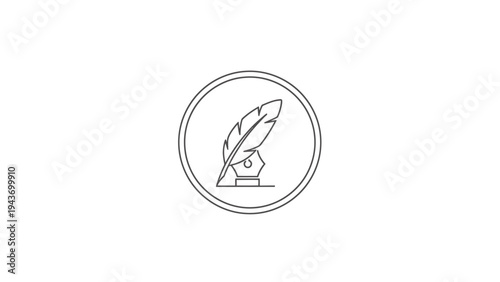 Vintage Quill Pen and Inkwell Symbol Inside a Circle.
