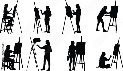 Artist painting silhouette set, painter working on canvas with easel and brush creative activity collection isolated on white background