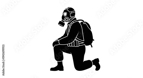 Soldier in Gas Mask and Backpack Kneeling, Black and White Silhouette