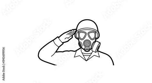 Soldier in gas mask and helmet saluting, black and white illustration