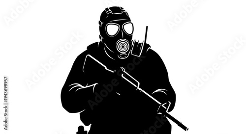 Soldier in Gas Mask Holding Rifle, Silhouette, Military, Warfare, Protection