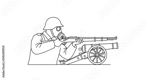 Soldier in gas mask aiming rifle next to cannon, historical war illustration