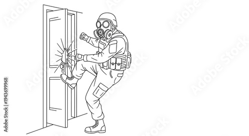 Soldier in gas mask kicks open door, tactical entry, breaching, combat, military action