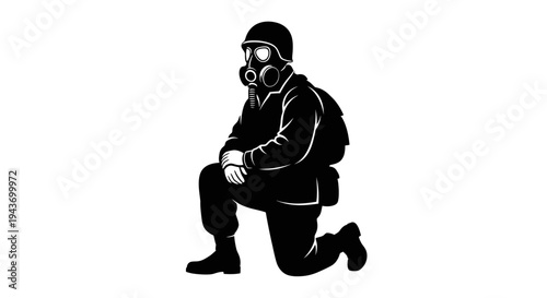 Soldier in Gas Mask Kneeling, Black and White Silhouette, Post-Apocalyptic Scene