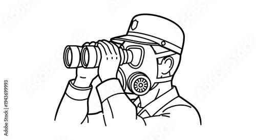 Soldier in gas mask looking through binoculars, military surveillance, protection, observation