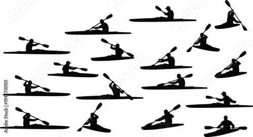 Collection of kayak paddler silhouette set, isolated on white background, canoe kayaking water sport athlete adventure outdoor activity vector style