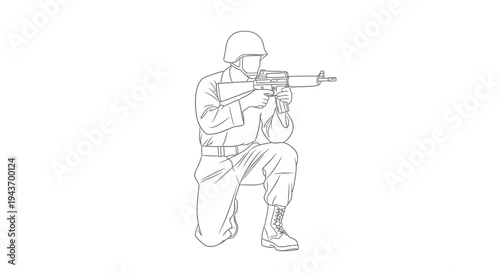Soldier Kneeling with Rifle, Military Combat Pose, Line Art Illustration