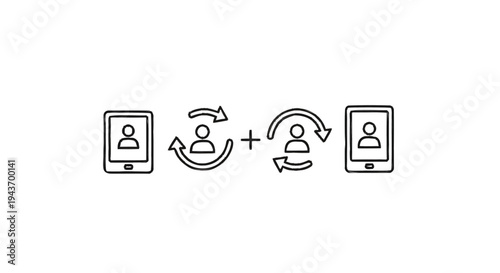 Two devices with circular arrows indicating data transfer.
