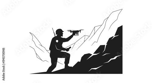Soldier operating drone in mountainous terrain, surveillance and reconnaissance concept