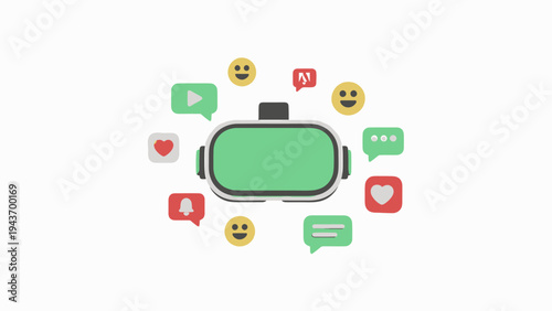 Virtual Reality Headset Surrounded by Social Media Icons and Emojis.