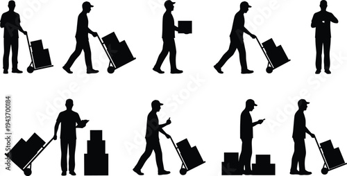 delivery, worker, silhouette, courier, man, carrying, boxes, hand, truck, cart, package, service, logistics, transport, shipping, warehouse, distribution, job, parcel, deliveryman