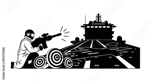 Soldier practicing shooting on aircraft carrier deck with targets