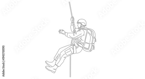 Soldier Rappelling Down Rope with Backpack and Helmet, Military Training Exercise