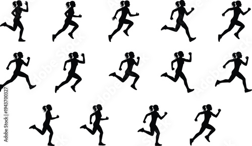 Female runner silhouette set, woman running sport poses collection, fitness athlete jogging activity isolated on white background vector illustration
