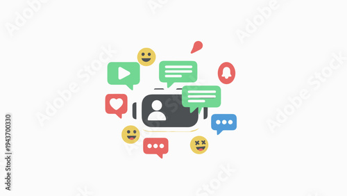 Virtual Reality Headset with Social Media Icons and Emojis.