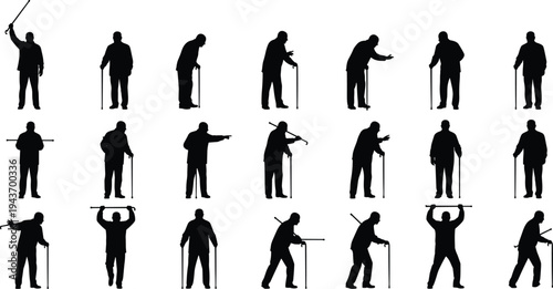elderly, man, silhouette, set, walking, cane, senior, people, old, age, posture, gesture, isolated, black, figure, collection, walking, stick, elderly, character