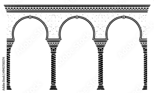 “Simple monochrome vector icon set of decorative architectural arches including gothic arch doorway, islamic horseshoe arch and roman round arch with pillars, thin line style.”