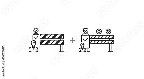 Two different barrier checkpoints with people and security icons.