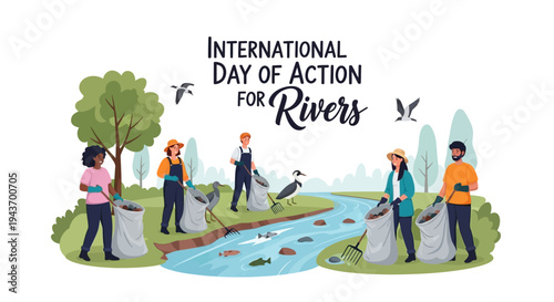 Illustration of people cleaning a riverbank on International Day of Action for Rivers with a community and sustainability theme.