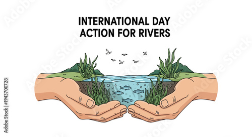 Illustration of cupped hands holding a river ecosystem with lush greenery and birds flying overhead, symbolizing river conservation and sustainability on International Day of Action for