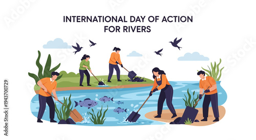 Illustration of people cleaning a riverbank on International Day of Action for Rivers with a community and sustainability theme.