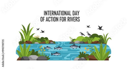 Illustration of a vibrant river ecosystem with fish, plants, and birds for International Day of Action for Rivers, promoting river conservation and sustainability.