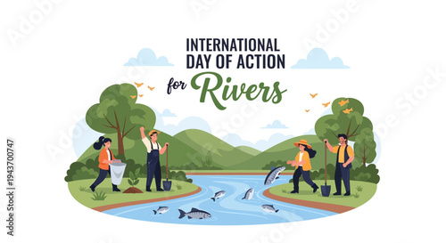 Illustration of people protecting a river on International Day of Action for Rivers with a sustainability concept.