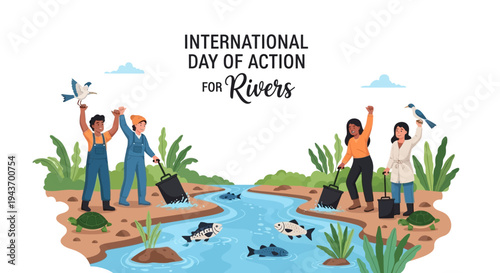 Illustration of diverse people protecting a river ecosystem on International Day of Action for Rivers with a sustainability concept.