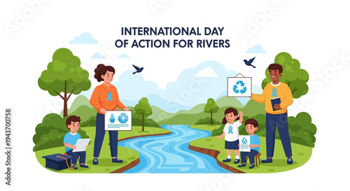 Illustration of a community on International Day of Action for Rivers, promoting river conservation and sustainability with a family holding eco-friendly signs in a natural landscape.