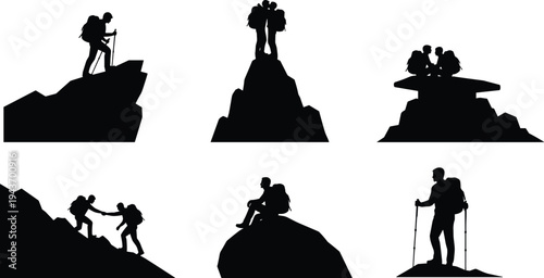 Mountain hiking silhouette set, climbers and backpackers reaching summit, outdoor adventure trekking activity isolated on white background vector