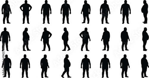 Obese man silhouette collection, overweight male body shapes vector set, fat man figure silhouettes isolated illustration pack