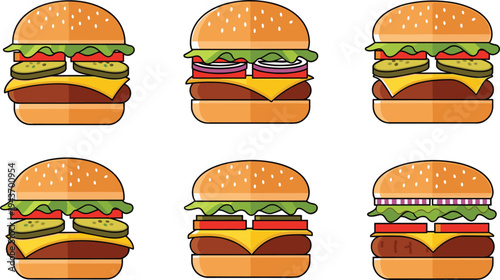 Cheeseburger and hamburger cartoon collection with lettuce, tomato and cheese layers, delicious fast food burger vector illustration set for menu design