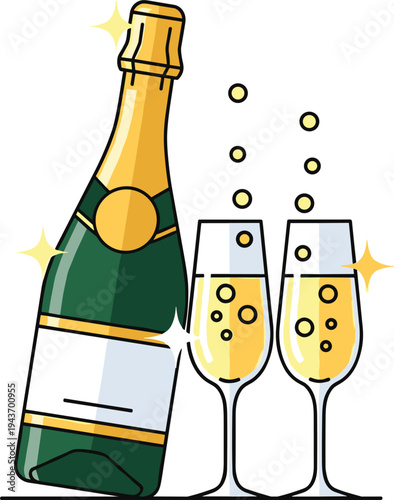 Champagne bottle pouring sparkling wine into glasses, festive celebration toast vector illustration for party, wedding and New Year events