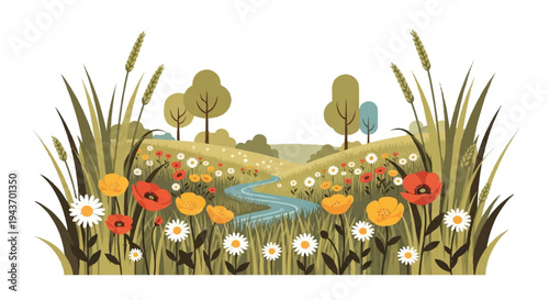 Cartoon meadow scene with flowers trees and water element