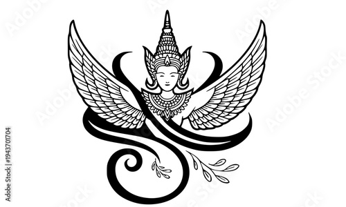 Intricate Thai mythological angel and serpent illustration with wings and floral elements, perfect for cultural, spiritual, tattoo, and Southeast Asian heritage design projects