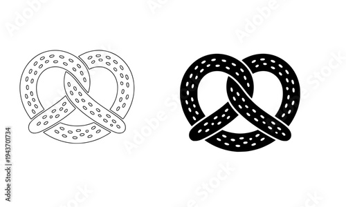 Classic pretzel illustration set with detailed outline and bold silhouette versions, perfect for bakery, food, snack, and German cuisine themed design projects
