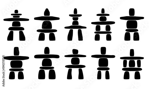 Collection of black Inukshuk silhouettes in various shapes, perfect for Canadian Arctic, Indigenous culture, travel, and heritage themed design projects