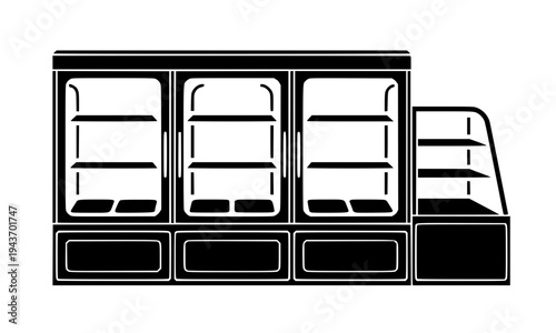 Black silhouette of commercial display case with multiple shelves and glass panels, perfect for bakery, retail, supermarket, and food service business design projects