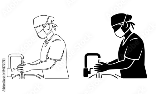 Medical professional washing hands at sink illustration set with outline and silhouette versions, perfect for healthcare, hygiene, and hospital safety awareness design projects