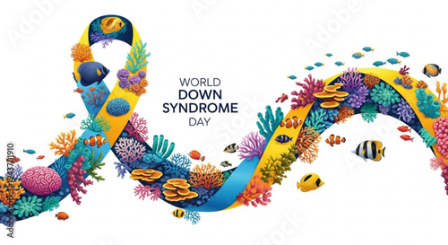 Vibrant ribbon with fish and coral for world down syndrome day awareness on white background