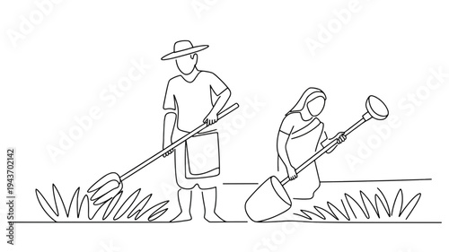 Farmers gardening together outdoors with shovels in a rural setting with grass