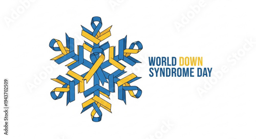 World down syndrome day awareness campaign logo with blue and yellow ribbons forming a snowflake on white background