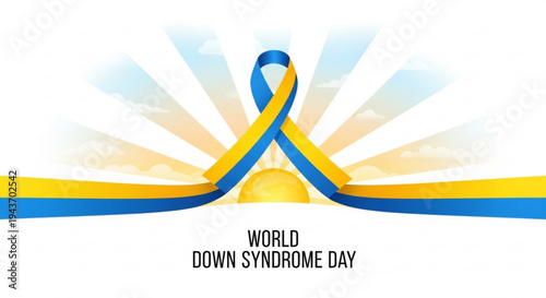 World down syndrome day awareness ribbon symbol with blue and yellow colors on white background
