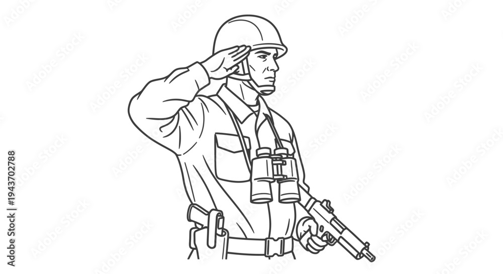 Obraz premium Soldier Saluting with Binoculars and Pistol, Military Uniform, Vintage Style Illustration